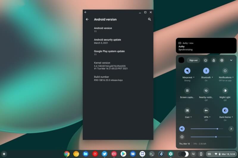 android 11 in chromebook, chromebook os update, chromebook dark theme, android 11 dark theme, chromebook new update