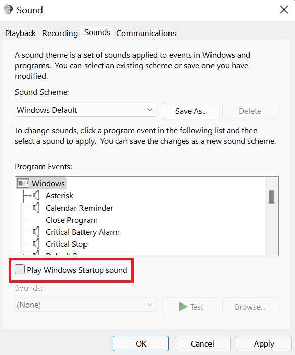 Turn-off startup sound in Windows 11