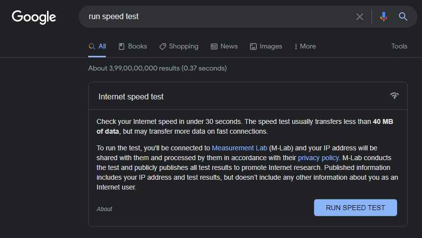 how to do internet speed test with google search